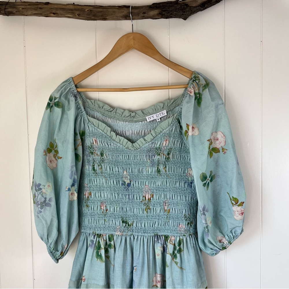Ivy City Co Blue Smocked Sundress with Puff Sleeves
